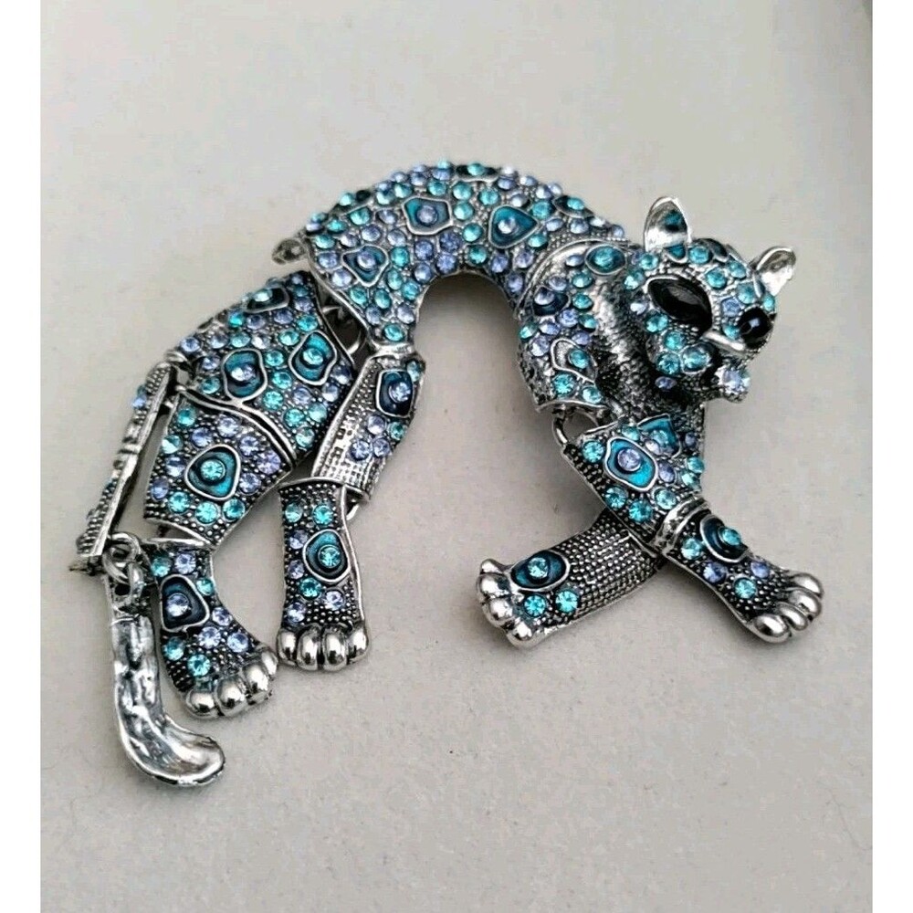 3" Articulated Blue Rhinestone Leopard Cat Brooch/Pendant